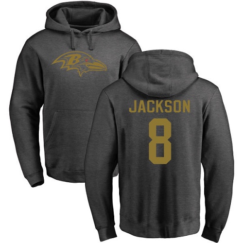 Men Baltimore Ravens Ash Lamar Jackson One Color NFL Football #8 Pullover Hoodie Sweatshirt